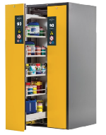 Bezpečnostní skříň vysoká s požární odolností 90min, 2x výsuvné dveře_L-5x police, 1x děrovaná vsuvka, 1x spodní záchytná vana, P- 5x police, 1x děrovaná vsuvka, 1x spodní záchytná vana